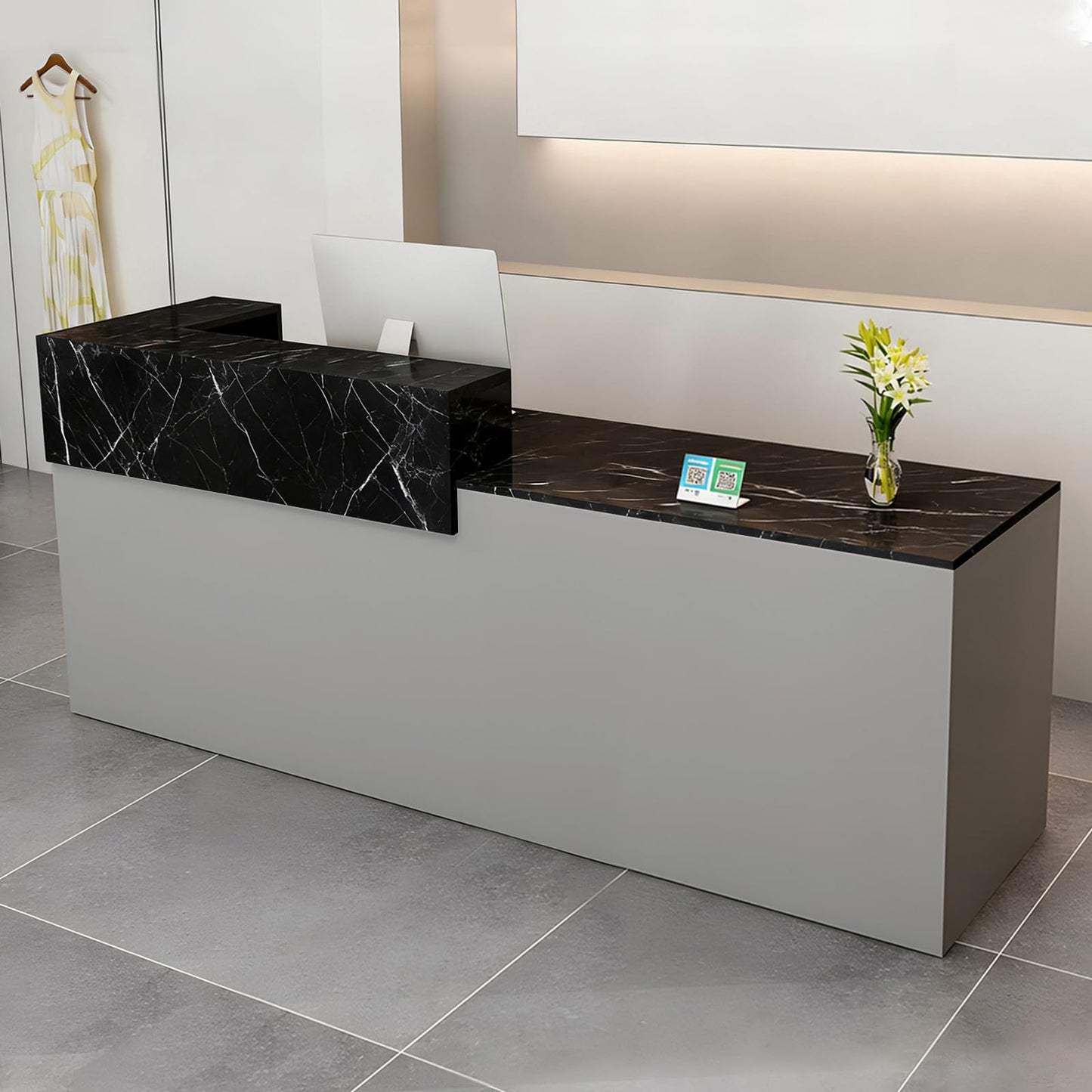 Modern Reception Desk with Drawer & Open Shelves, 39-95 Inch Front Counter Table, Computer Workstation Suitable for Salons, Offices, Lobbies, Retail Stores and Home Offices
