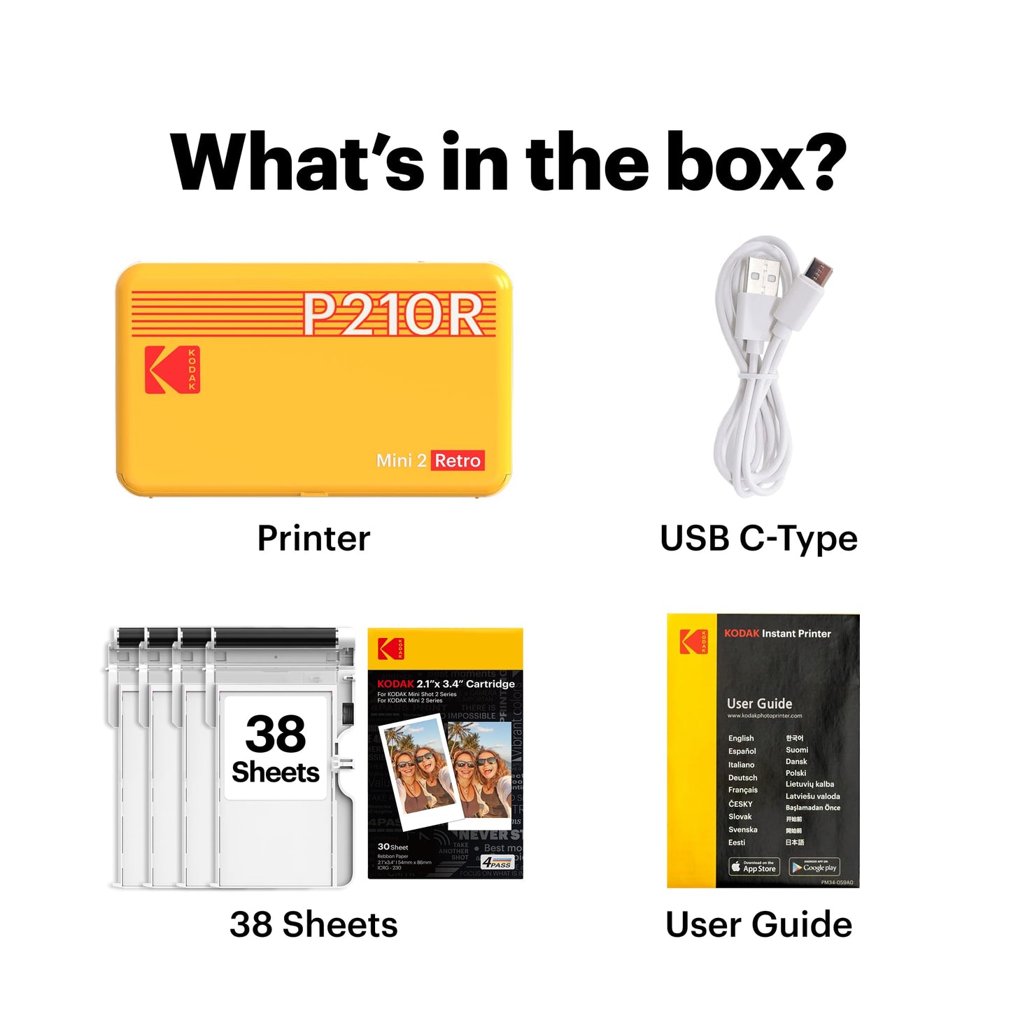 KODAK Mini 2 Retro 2x3 Portable Photo Printer, 38 Sheets, Bluetooth Smartphone Printer for iPhone & Android, Instant Color Prints, 4PASS Dye Sublimation, White