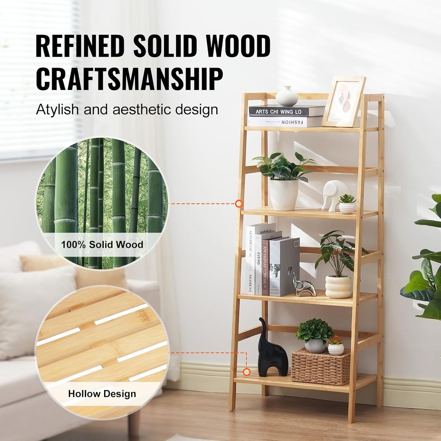 VEVOR 4-Tier Bamboo Ladder Shelf - Stylish Trapezoid Bookcase & Plant Stand | Natural Wood Finish