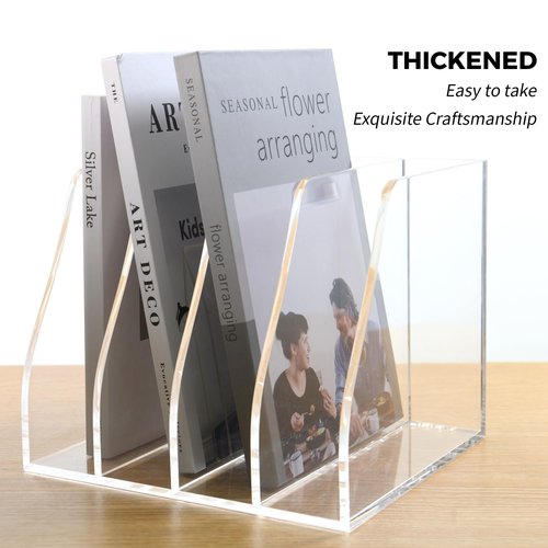 AIMOLLY Acrylic Magazine File Holder, 4 Vertical Compartments Desk Document Sorter Organizer, Clear Folder Rack Binder for Office/Home/Classroom, for Documents, Tablet, Magazines, Books & Accessories