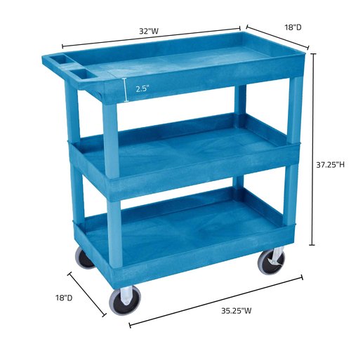 Luxor Three Shelf Heavy Duty High Capacity Tub Cart with Handle - 18"D x 35.25"W x 37.25"H, Plastic, Blue