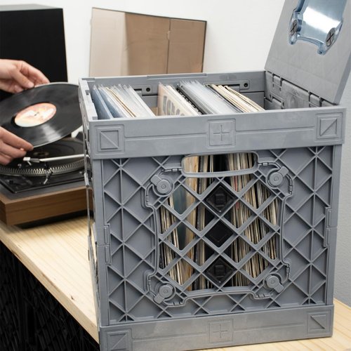 UbeCube CrateVinyl - Vinyl Record Storage Crate Modular Storage Cube for LP Albums with Divider and 2 Clear Panels (White crate - Blue tint panels)