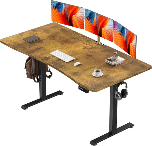 Veken Electric Standing Desk - 55 x 28 Inch Adjustable Height Home Office Table | Brown Wooden Finish