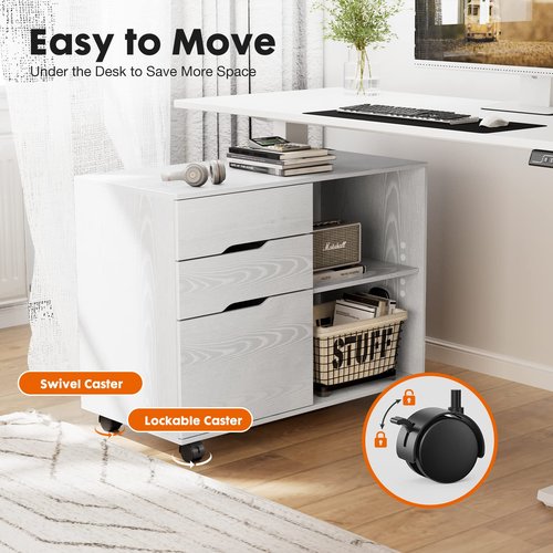 File Cabinet with 3 Drawers, Mobile Lateral Filing Cabinet with Open Storage Shelves for Home Office Under Desk Storage, White