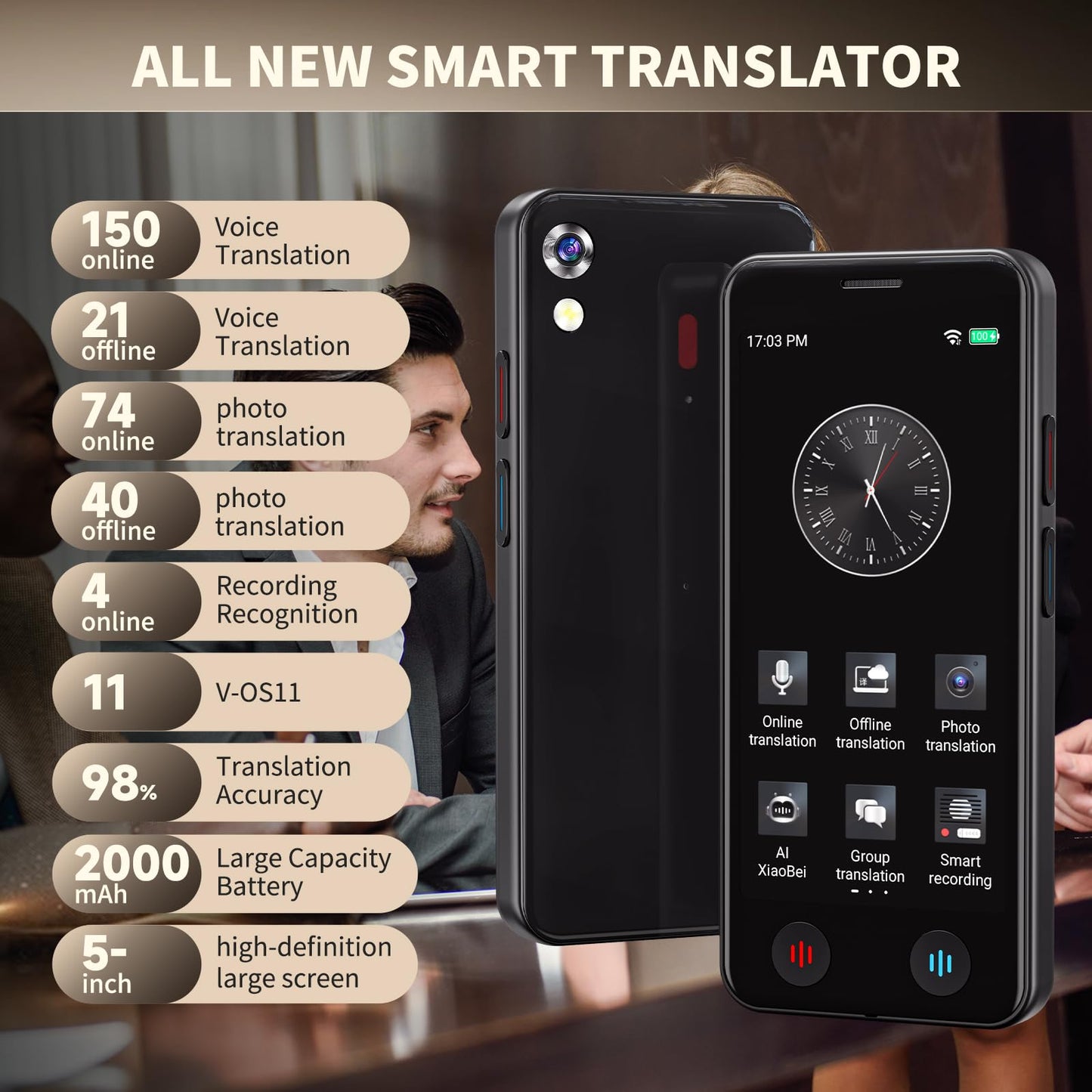 Language Translator Device No WiFi Needed Traductor for Business Travel Study, Instant Pocket AI Translator, traductor de Ingles español, Support 150 Languages Real-TimeVoice Translation,