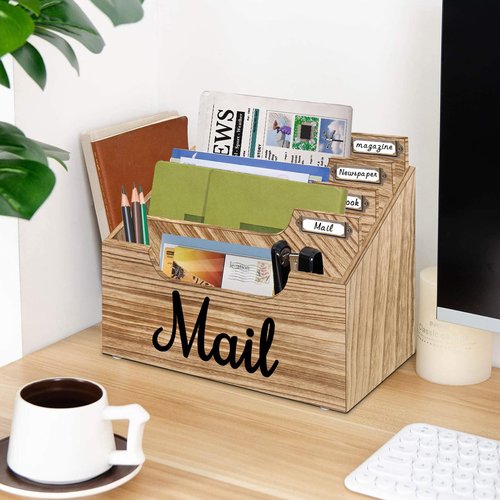 ANRXNCY Rustic Mail Organizer Letter Sorter for Counter, Mail Holder Desktop File Holder, Countertop Desk Office Accessories for File Letter Paper Folder, White Wooden Desk Organizer