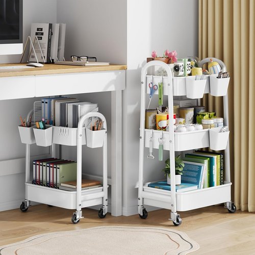 Skiennix 2-Tier Rolling Cart - Metal Utility Organizer with Wheels for Easy Storage | White