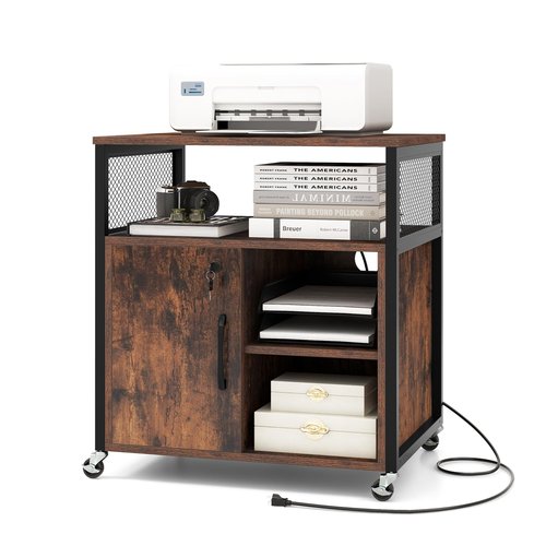 Giantex File Cabinet, Lateral Filing Cabinet with Lock, Wheels, Charging Station, Cable Hole, Lockable Side Cabinet, Adjustable Shelves, Metal Frame, Printer Stand for Home Office Small Space (Brown)