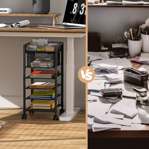 keomaisyto Under Desk Storage Slim File Cabinet, 6-Tier Rolling File Cart with Paper Letter Tray & Drawer, Standing Paper Organizer with Wheels, Narrow Desk Organization for Home Office Workspace