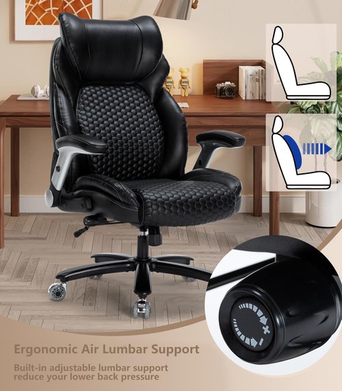 Big and Tall Office Chair, 500lbs Leather Executive Office Chair with Flip-up Arm, Heavy Duty Desk Chair with Adjustable Lumbar Support, Ergonomic High Back Computer Chair for Home, Quiet Rubber Wheel