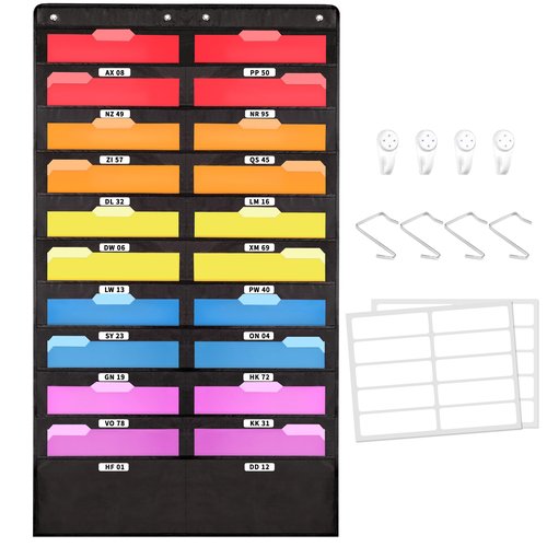 Annecy 20 Pockets Hanging Wall File Organizer, Black Storage Pocket Chart for File Folder and Paper, Space Saver for Office and Classroom, with Wall Hangers, Over The Door Hooks, Labels