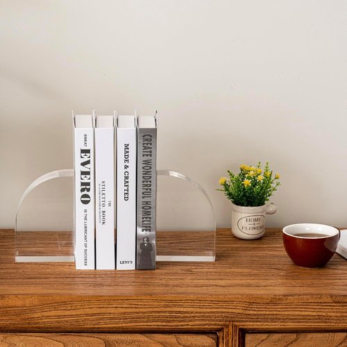 Modern Luxury Premium Clear Acrylic Bookends in Arc Quadrant Shape, Decorative Heavy Duty Book End Holder for Office Desk or Bookshelf Stopper, 1 Pair