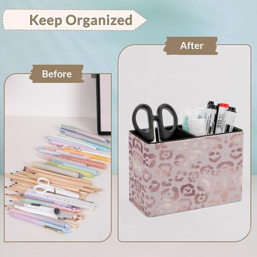 DEHOZO Pen Holder, Pencil Holder for Desk, Rose Gold Leopard Print PU Leather Desktop Pen Cup Storage, Desk Pencil Pen Organizer Makeup Brush Holder for Office Bedroom Home