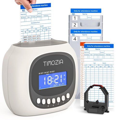 TIMOZIA Time Clocks for Employees Small Business, Auto-Align Time Clock, 6 Punches per Day Time Machine, Clock in Machine for Employees with 100 Time Cards, 2 Ink Ribbons and 4 Racks(Military time)