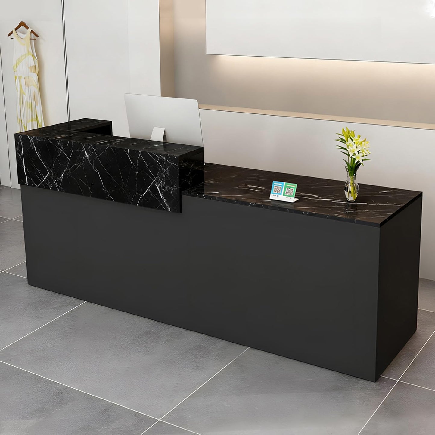 Modern Reception Desk with Drawer & Open Shelves, 39-95 Inch Front Counter Table, Computer Workstation Suitable for Salons, Offices, Lobbies, Retail Stores and Home Offices