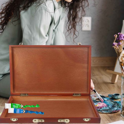 TEHAUX Art Supply Box, Portable Wooden Art Case with Locking Clasps and Handle, Handheld Artist Tool Storage Case, Wood Tool Box for Storing Paints, Stamps, Brushes, 14.5x10.4inch