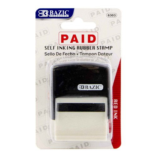 BAZIC Products Paid Self-Inking Stamp with Red Ink for Office, Business, and Documents, Easy Refillable Pad, Crisp & Clear Impressions, 24-Pack