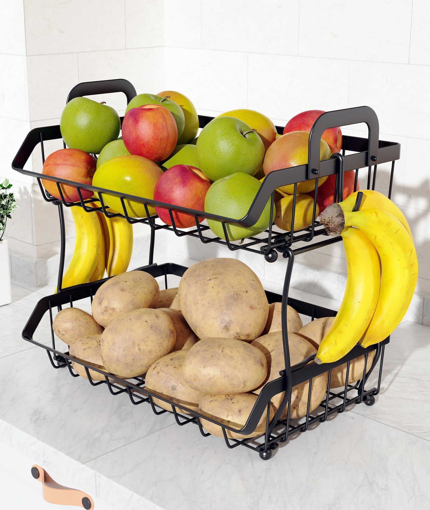 OKZEST 2-Tier Fruit Basket for Kitchen Counter with 2 Banana Hangers, Hanging Fruit Storage Basket Stand, Metal Fruit Organizer Bowl with Handles for Storage Potato Onion Bread Snack Vegetable