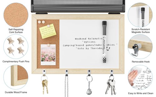 LUCYCAZ Mail Organizer Wall Mounted - Mail Holder for Wall with 4 Key Hooks, Key Holder Wall Mount Decorative with White Board Cork Board