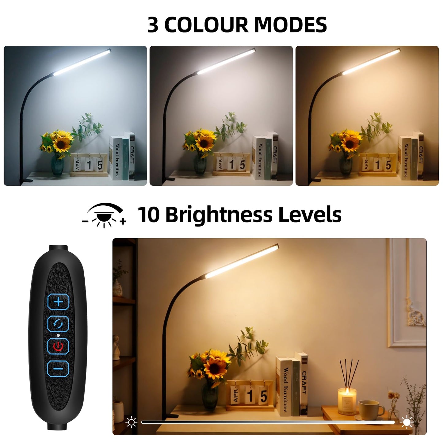 Akynite LED Desk Lamp with Clamp Clip on Reading Light Dimmable USB Small Clamp Lamp with 3 Color Modes 10 Brightness, Adjustable Flexible Gooseneck Workbench Light for Bed Headboard, Nail, Computer