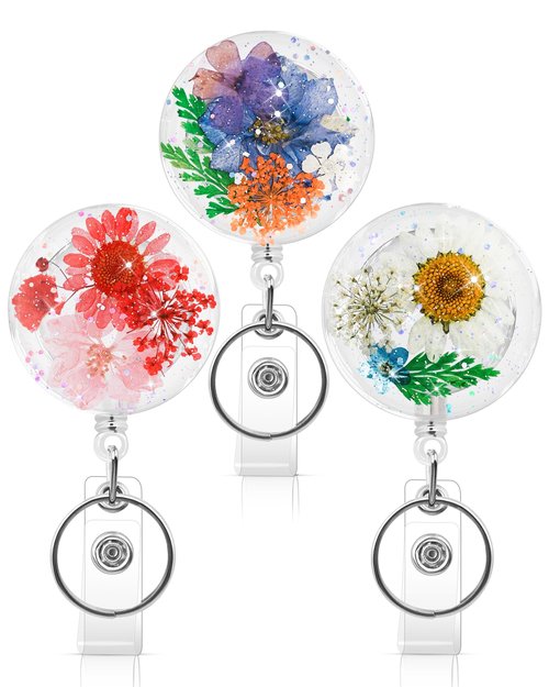 KJQJLY 3 Pcs Cute Flower Badge Reels Retractable for Nurse, Dried Floral Resin Badge Holder with Key Ring, Decorative Nursing Badge Clip for Women Doctor Teacher ID Card(Round 1)
