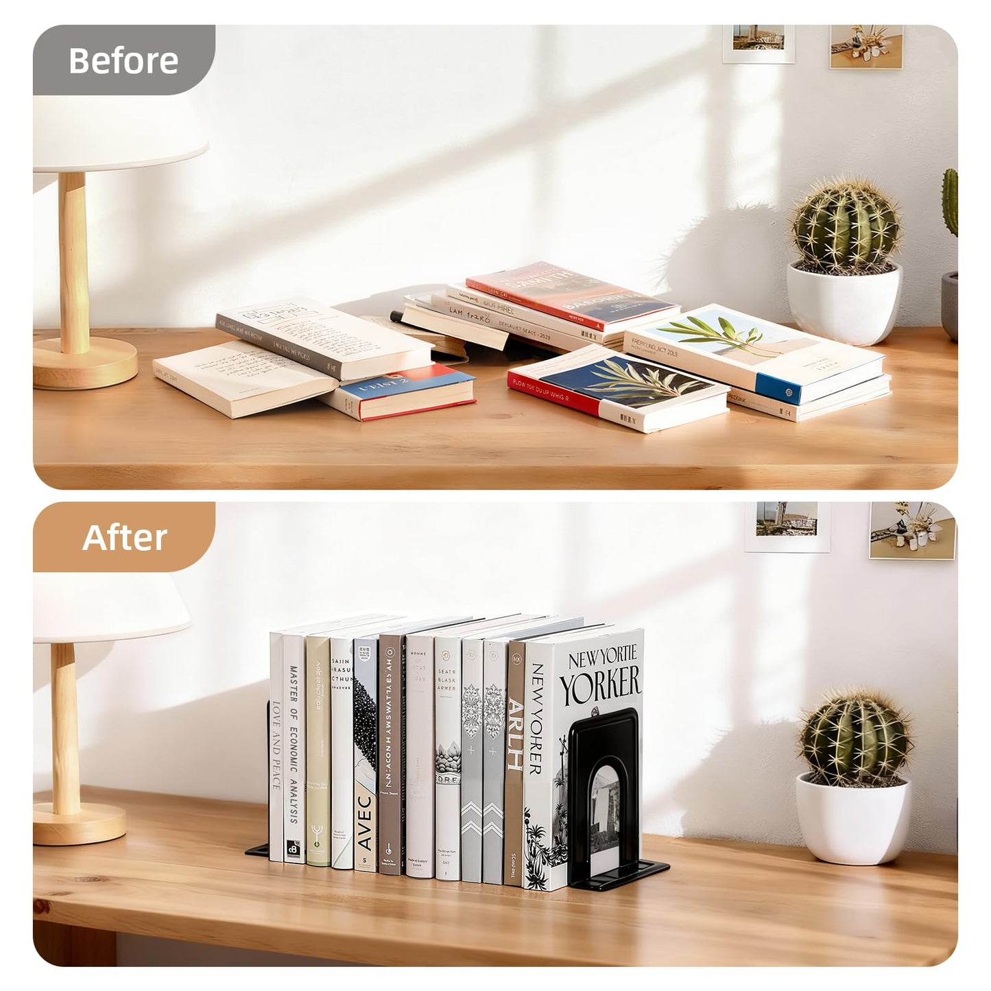 HappyHapi Book Ends, Metal Bookends for Shelves, Non-Skid Book End to Hold Books, Black Book Stopper/Holder for Office Home Kitchen, 5.7X 4.9 X 6.5 in, 3 Pair(6 Pcs, Large)
