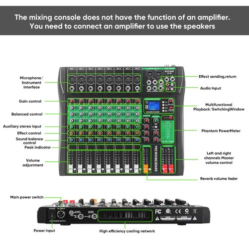 MIZISNR Audio Mixer 8 Channel, Professional Music Sound Mixer Board with Reverb, Digital DJ Mixing Console with 48V Phantom Power USB Port Bluetooth for Recording Karaoke Podcasting (AX-80)
