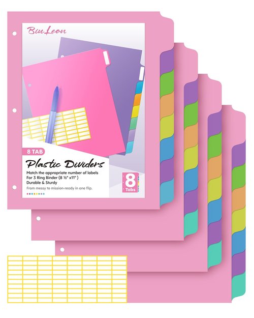 BiuLeon [32Pcs/4Set- 8 Tab] Binder Dividers with Tabs, Plastic Dividers for 3 Ring Binder, Letter Size Binder Tabs for Organizing School Office Home Files, Write&Erase Notebook/Page Dividers