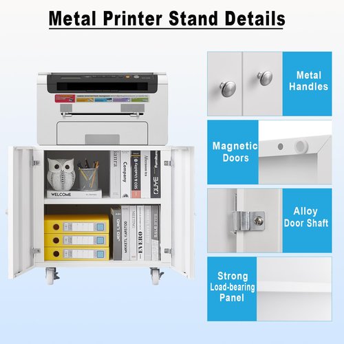 FURSTEL Home Office Printer Stand with Storage - Mobile on Wheels Printer Cabinet, File Cabinet with Door & Adjustable Shelf, White, Compatible with Printer, Scanner, Fax, Computer