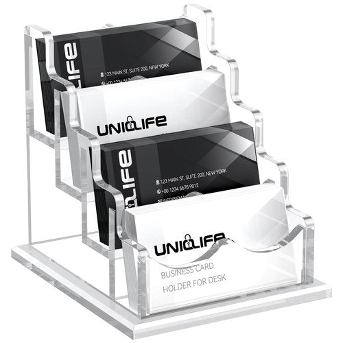 Uniclife Acrylic Business Card Holder for Desk 4 Slots Clear Horizontal Business Card Display Stand for Men & Women Desktop Name Card Organizer Card Stand for Office Home Exhibition, 240 Card Capacity
