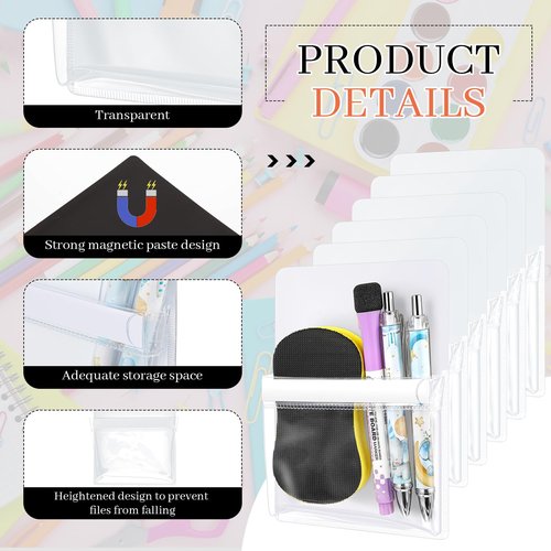 Sherr 6 Pcs Magnetic Pen Marker Holders, Magnetic Pocket Pouch 4.7 x 6.5 Clear File Holder for Fridge Whiteboard Locker, Magnet Pen Dry Erase Marker Storage Organizer Accessories(White)