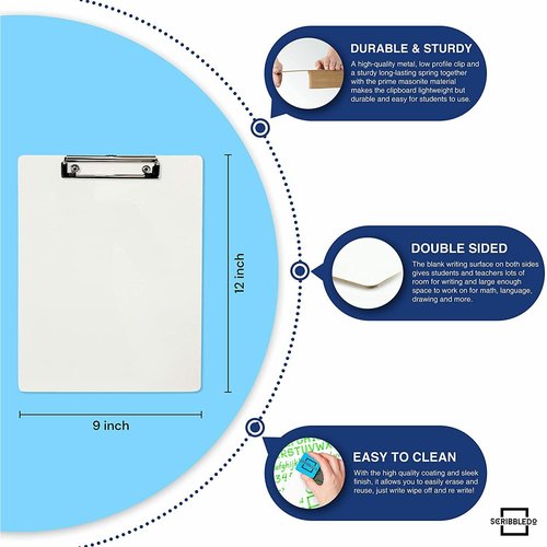 SCRIBBLEDO 30 Pack Double Sided Dry Erase Clipboards 9"x12" Durable Clipboards Bulk with 30 Dry Erase Erasers, Clipboard with Low Profile Clip for School, Classroom and Home Use
