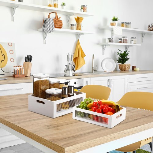 FillTouch 4 Pcs Wooden Nesting Countertop Baskets 4 Size Wooden Storage Box with Handle and Metal Wire Multipurpose Wood Organizer Crate for Fruit Vegetable Kitchen Cabinet Bathroom(White,Small)