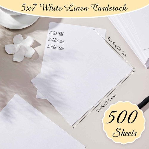 Geosar 500 Sheet Linen Cardstock Invitation Cardstock Heavyweight Printer Paper 92lb 250gsm Index Cards for Printer Cover Postcards Blank Flash Note Greeting (White)