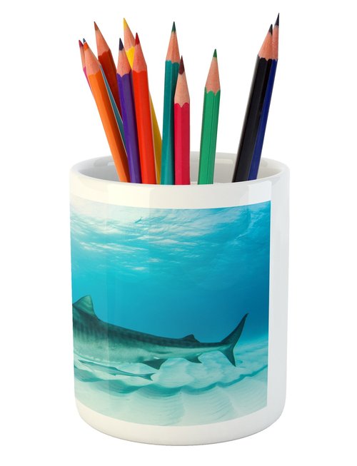 Lunarable Shark Pencil Pen Holder, Tiger Shark at The Bottom of The Ocean Danger Wild Life Nature Image Print, Printed Ceramic Pencil Pen Holder for Desk Office Accessory, Turquoise