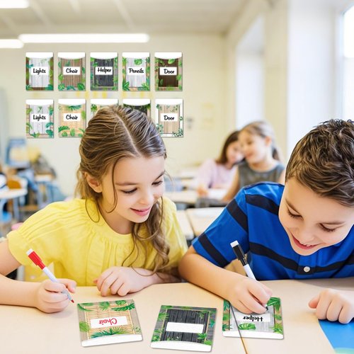 MotiMind 100 Pcs Class Library Card Pockets, Classroom Jobs Bulletin Board Library Pockets Chart with Erasable Pen and Glue for Chalkboard Home Office Back to School Decor(Green Leaf Countryside)