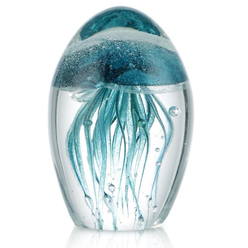 Sanbege Hand Blown Glass Jellyfish Figurine, Glow in The Dark Paperweight, Collectible Sea Creature Statue Decor for Home, Office, Party Decoration and Gift (Turquoise)