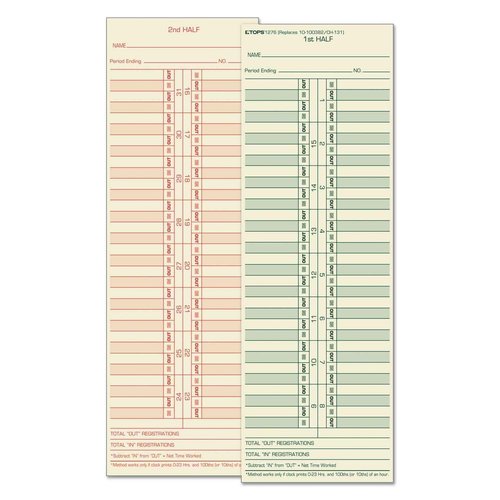TOPS Time Cards, Semi-Monthly, 2-Sided, 3-1/2" x 10-1/2", Manila, Green/Red Print, 500-Count (1276)