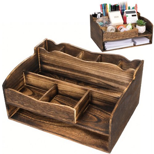 Covzoe Wood Desk Organizer with File Organizer, Vintage Pen Pencil Holder with 9 Compartments, Rustic Makeup Storage Display Case Countertop, Art Supplies Organizers for Home Office