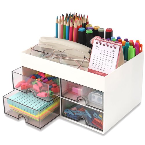 HWPRATO Cute Pen Organizer with Drawer, Multi-Functional Small Desktop Accessories Organizers, Pencil Holder for Desk Office Art Supplies (4 Drawer Desk Organizer-White)