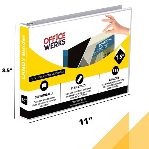 4 Pack of 8.5" X 11" Landscape View Binder, 3-Ring 1.5 Inch Capacity Round Ring, White Horizontal Formatted with Clear Cover Pockets for Documents, Spreadsheets, Projects and More