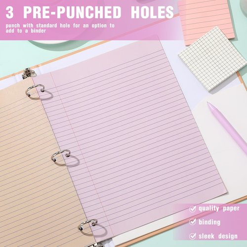 PerKoop 12 Pack 600 Sheets Colored Lined Paper Bulk College Ruled 8 x 10.5 Inches, Loose Leaf Notebook Paper 3 Hole Ring Punched Filler Back School Supplies, Line Spacing 0.7cm (Cute Color)