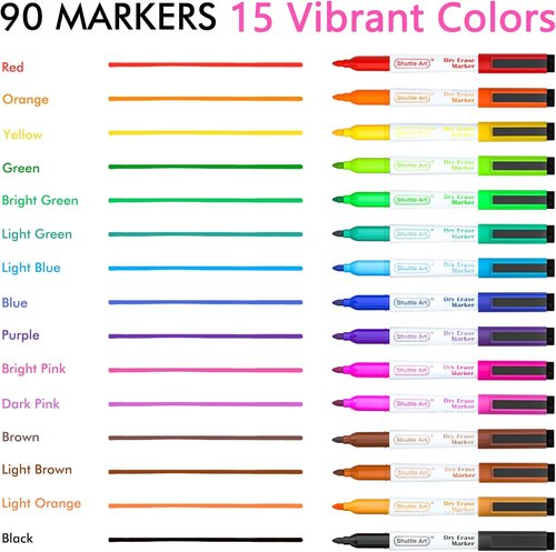 Shuttle Art Dry Erase Markers - 90 Bulk Pack in 15 Colors | Fine Point Magnetic Markers for Whiteboards & Glass