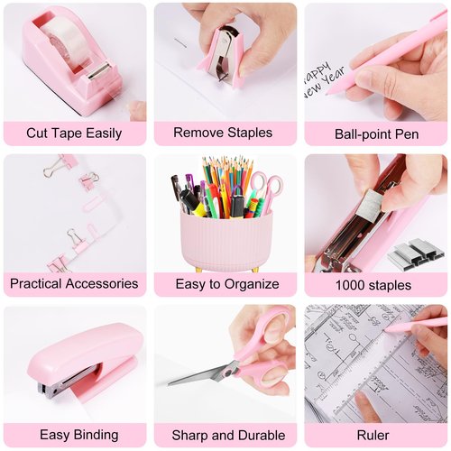 Gawsey Pink Desk Organizers and Accessories 10Pcs Set with 360-Degree Rotating Pen Holder, Tape Dispenser, Stapler, Staple Remover, 1000 Staples, Tape, Clips Set, Ruler, Scissor, Pen (Pink)