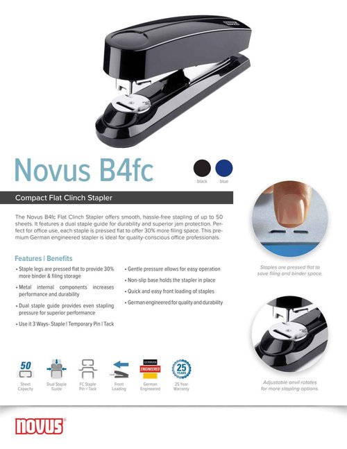 Novus B4fc Flat Clinch Stapler, 50 Sheet Capacity, Dual Staple Guide, German Engineered, Staple|Pin|Tack, Steel Drive, 25 Yr. Warranty, Blue (020-1468)