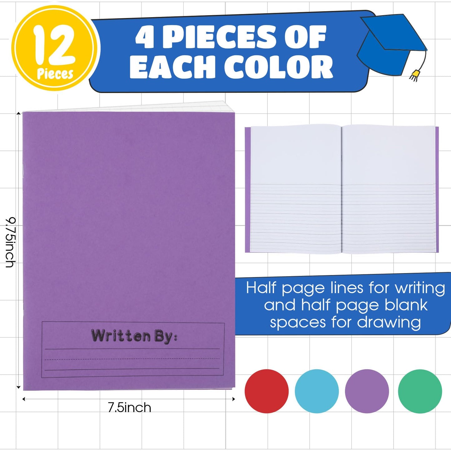 Henoyso 12 Pcs 9.8″ X 7.5″ Primary Composition Notebook K-2 Primary Journal, Notebook for Kids Supplies, Bulk Blank Writing Book for Kid to Write Draw Journal 60 Page (Mixed Color)