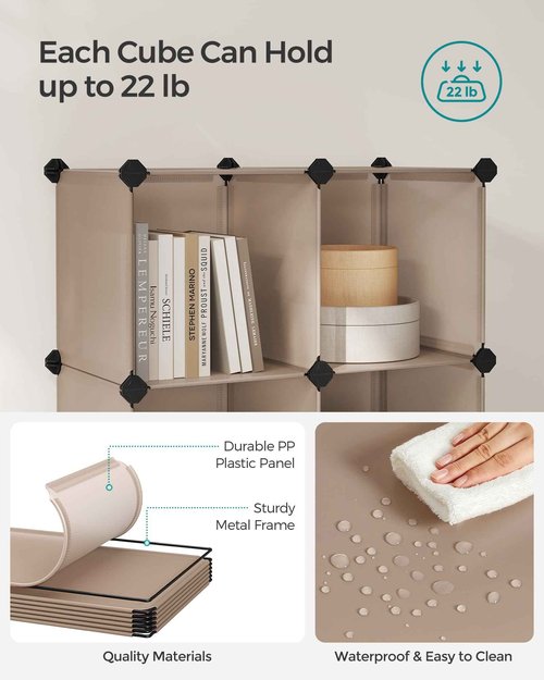 SONGMICS Cube Storage Organizer, Set of 16 Plastic Cubes, Book Shelf, Closet Organizers and Storage, Room Organization, Bedroom Living Room, 12.2 x 48.4 x 48.4 Inches, Camel Brown ULPC442K01