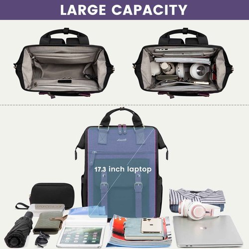 LOVEVOOK Laptop Backpack for Women Work Travel Backpack Commuter Business Computer Bag Teacher Doctor Nurse Bags College Backpack Purse, 17 Inch, Black-Purple-Purple