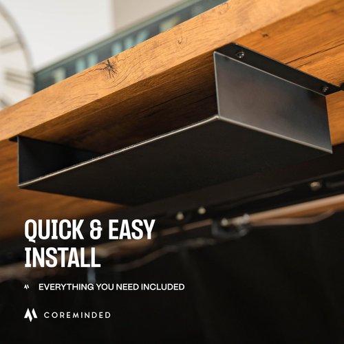 COREMINDED Under Desk Storage Shelf - Carbon Steel Under Desk Tray with Cable Management, Mountable Add-On Shelf for Table & Office Desks (13" x 8" x 2.8")