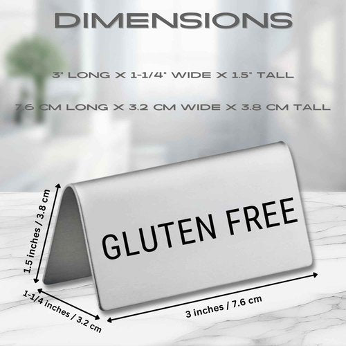 Gluten Free Stainless Steel Metal Table Tent Sign - 3" x 1-1/2" - Table Top Setting for Restaurants, Catering Businesses, Business. Great for Wedding, Banquet, Buffet, Party, Events. To Label Food Areas for Allergy Concerns-12 PK